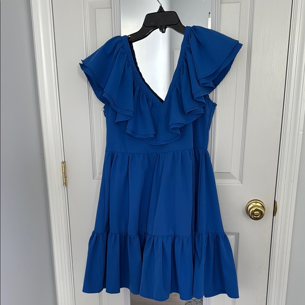 Blue Ruffled V-Neck Dress